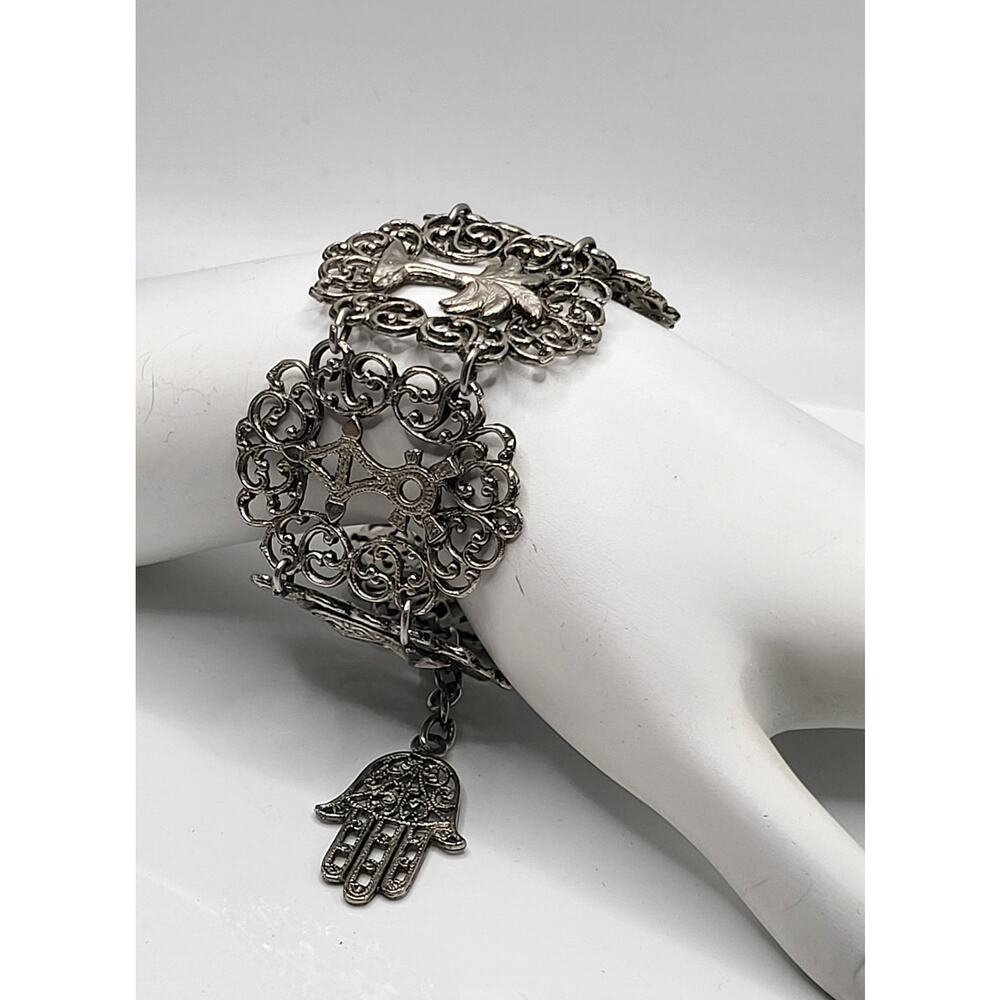 Vintage Charm Bracelet Filigree Panel Hamsa Camel Palm Tree